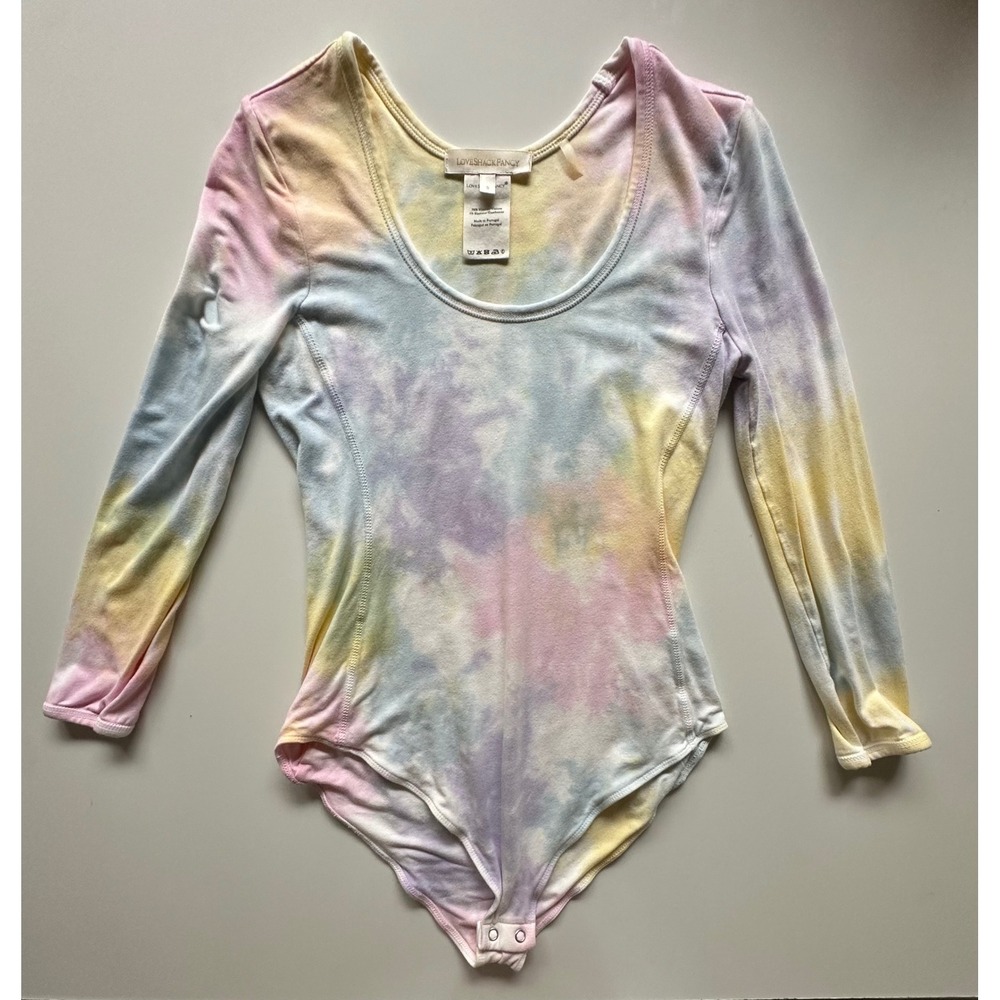 LoveShackFancy Pastel Tie Dye Long Sleeve Scoop Neck Bodysuit Multicolor Size S